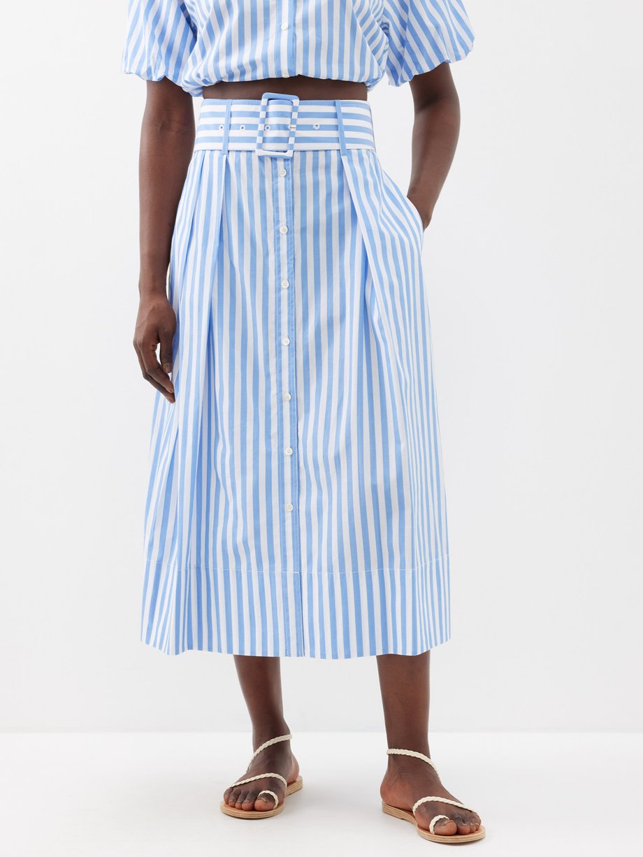 Staud Kingsley belted striped cotton midi skirt