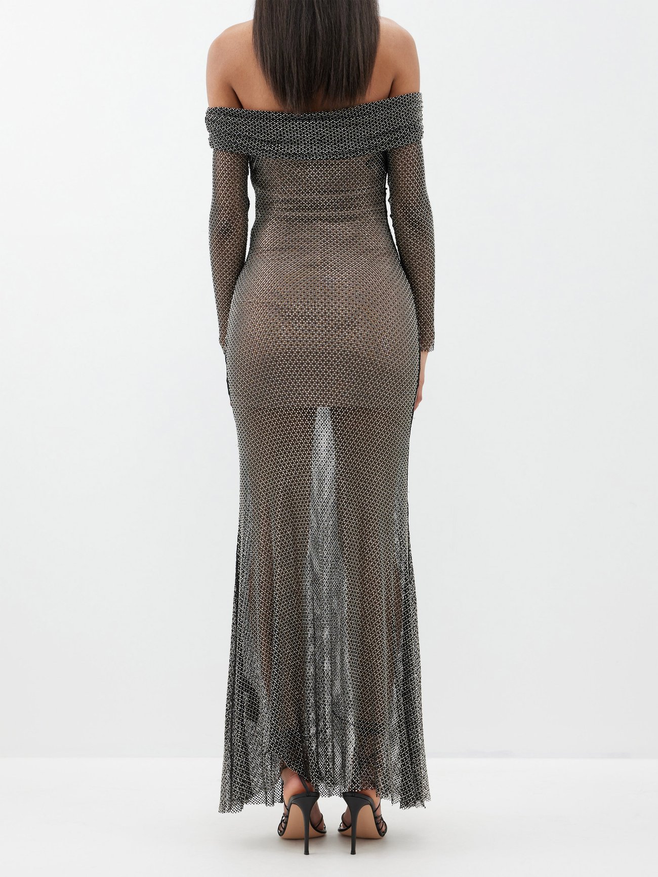Self-Portrait Draped Off-The-Shoulder Crystal-embellished Fishnet Maxi Dress - Women - Black Dresses - L