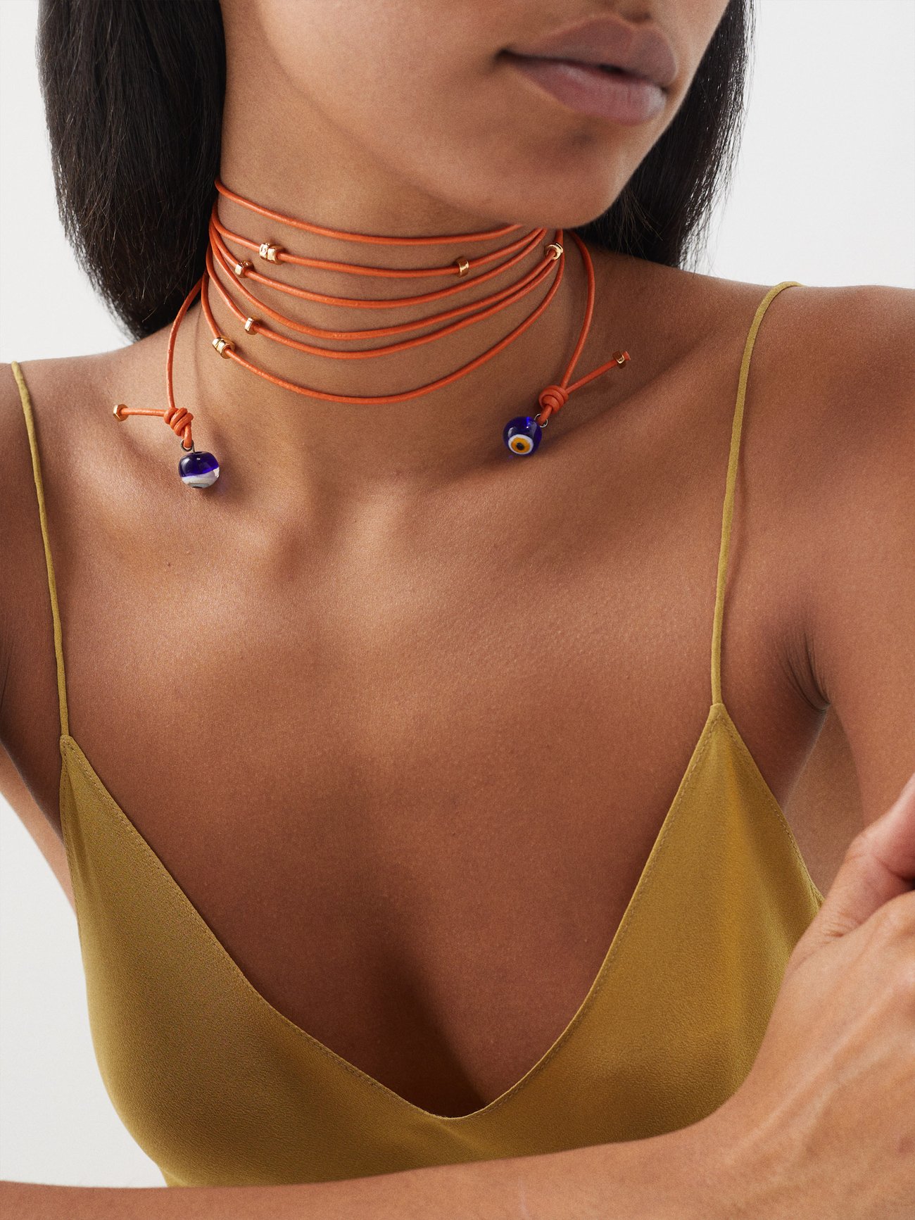 Orange Evil Eye leather-cord wraparound necklace