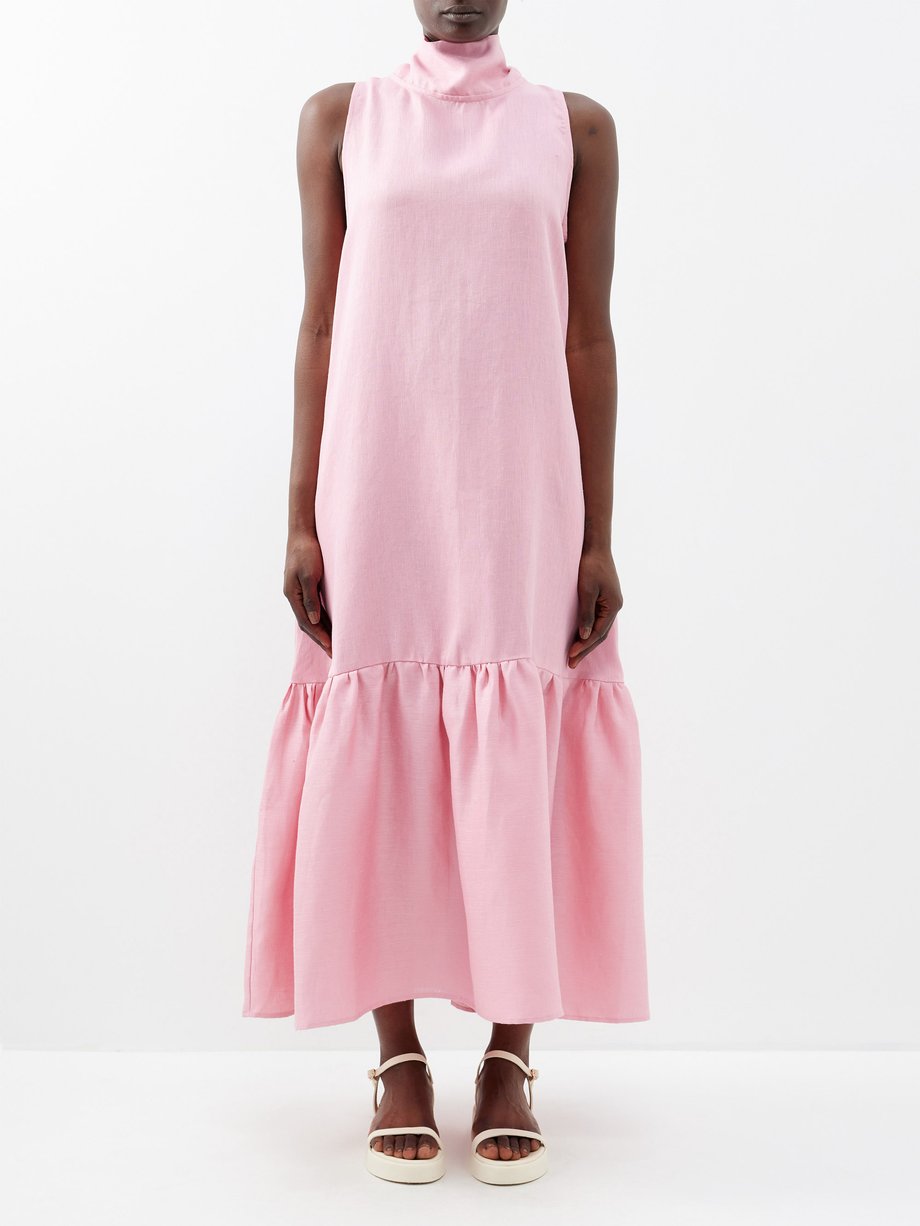 Pink Oslo high-neck linen midi dress | Asceno | MATCHES UK