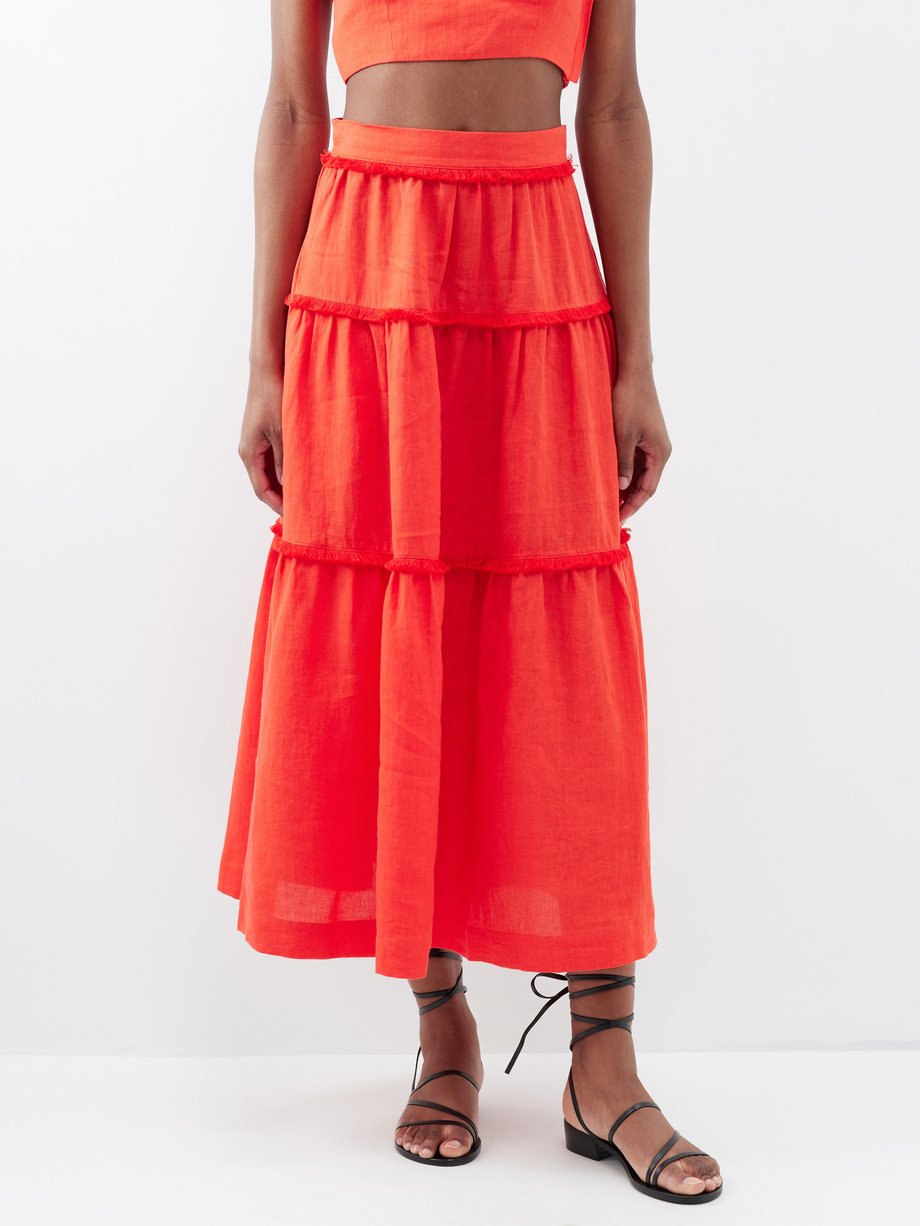Red Omisha fringed-trim tiered linen skirt | Three Graces London ...