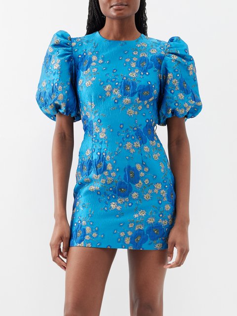 Blue Puff-sleeved floral-jacquard mini dress | Ganni | MATCHES UK