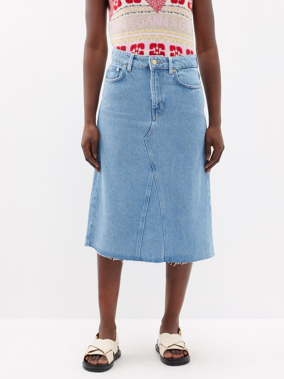 Ganni Blue Organic-cotton denim midi skirt | 매치스패션, 모던 럭셔리 온라인 쇼핑