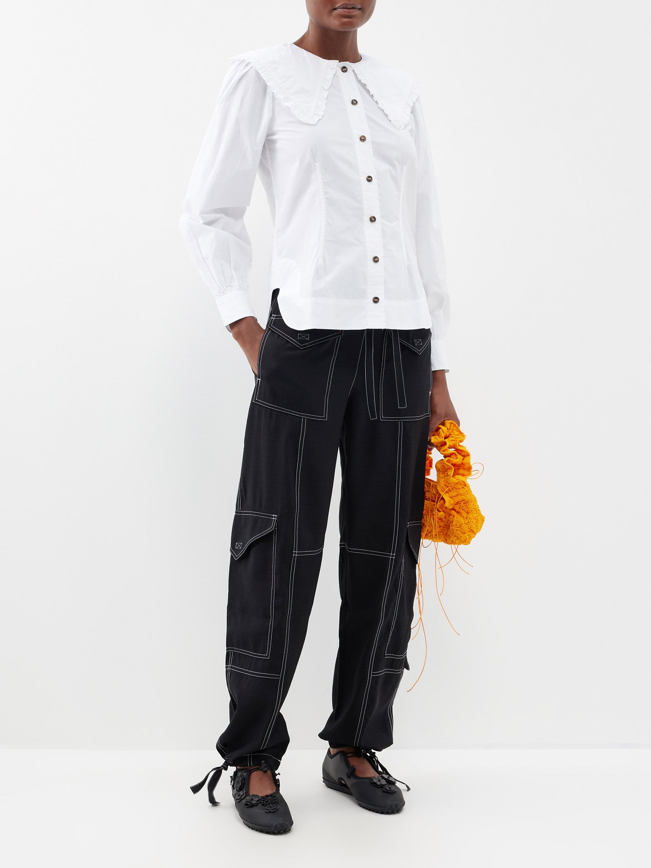 Black Paperbag-waist contrast-stitch cargo trousers, Ganni