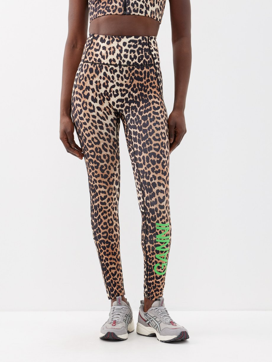 Beige High-rise leopard-print recycled-blend leggings, Ganni