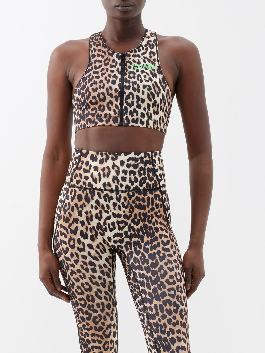 Beige Leopard-print zipped recycled-blend sports bra