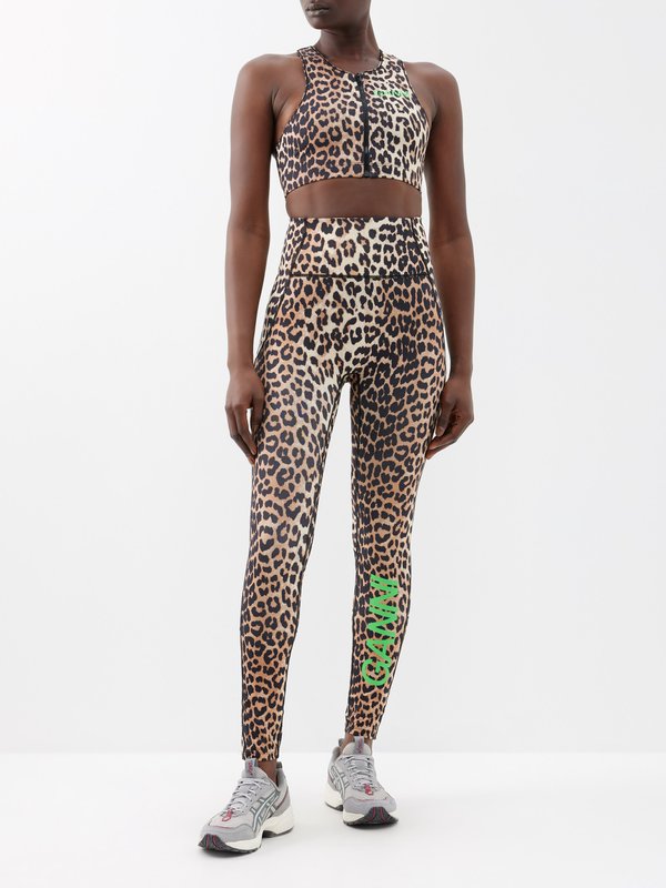 GANNI Leopard-print stretch recycled sports bra