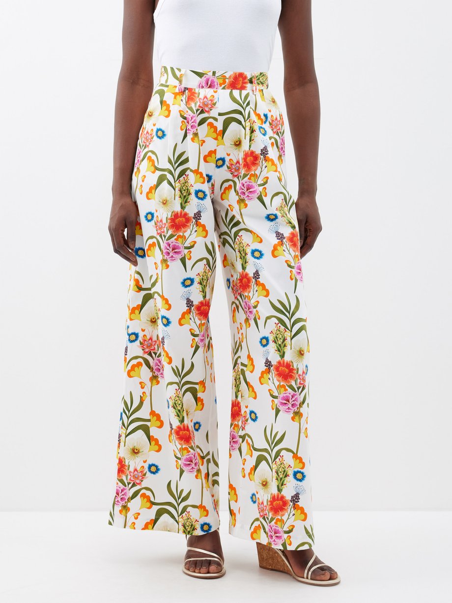 White Melia floral-print cotton-twill wide-leg trousers | Borgo De Nor ...