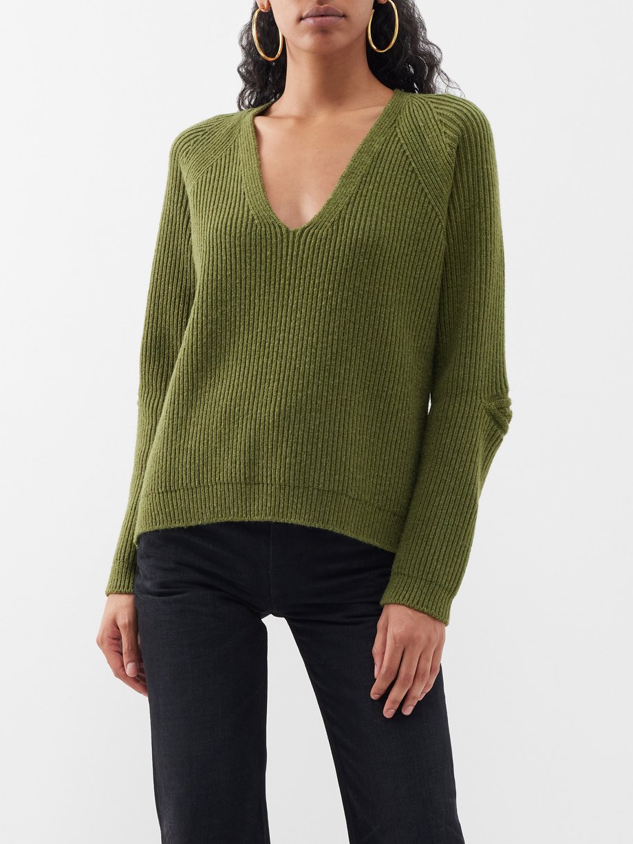 Green V-neck ribbed wool-blend sweater | Tom Ford | MATCHES UK