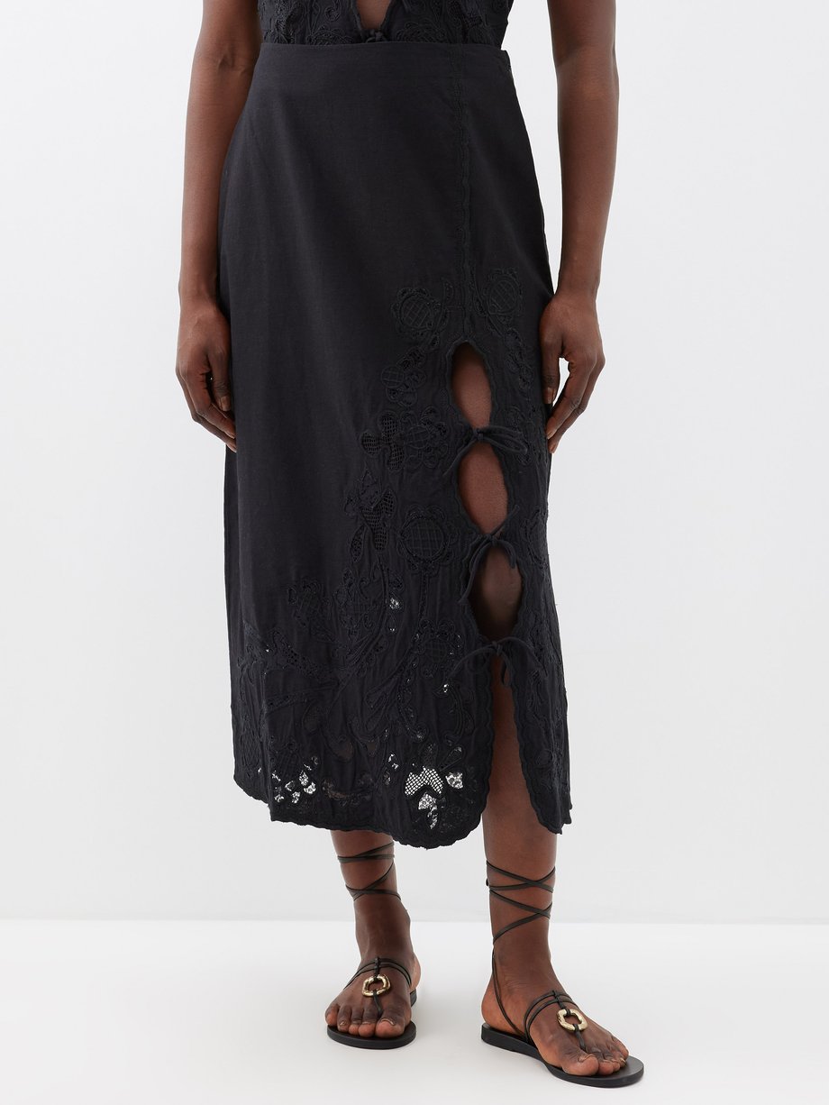 Black Baylin tie-front embroidered cotton-blend skirt