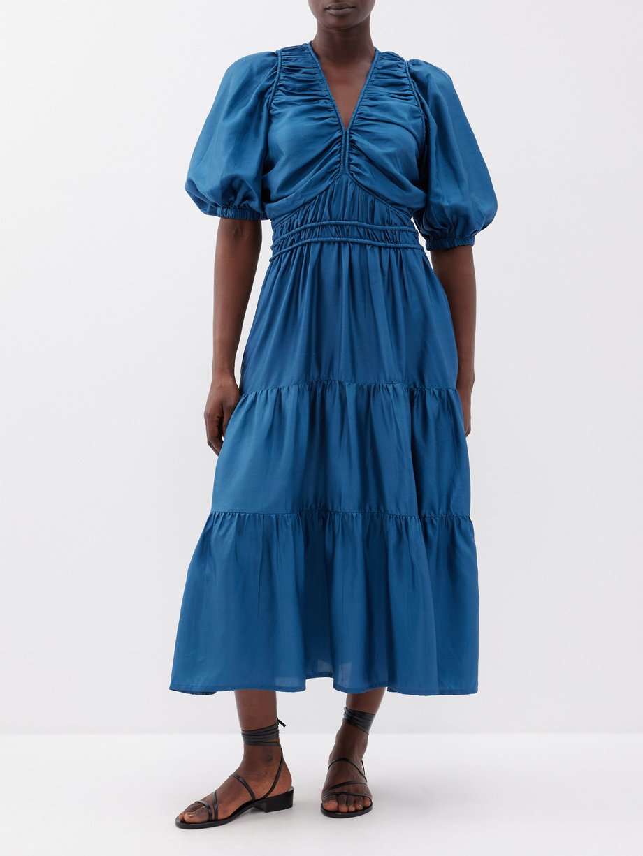 Blue Kyle V-neck ruched-silk dress | Sea | MATCHES UK