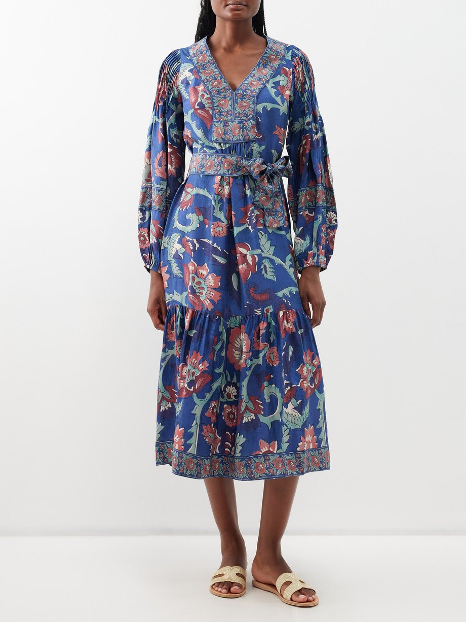 Blue Rory V-neck floral-print silk midi dress | Sea | MATCHES UK