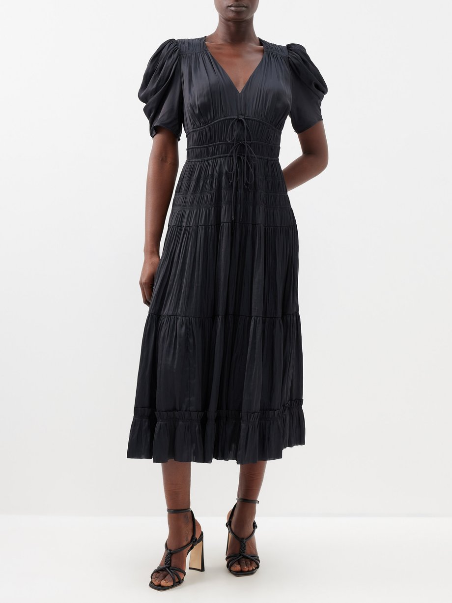 Black Daria shirred satin midi dress | Ulla Johnson | MATCHES UK