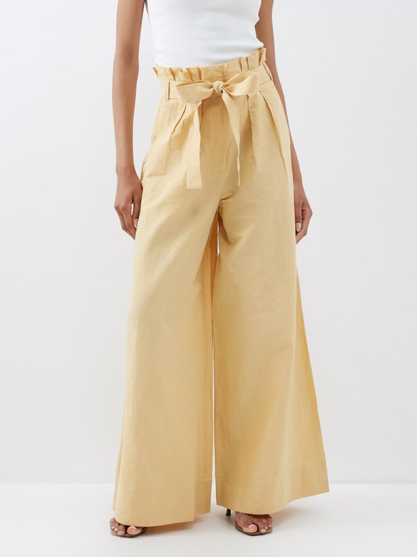 ULLA JOHNSON Kori belted cotton, linen and silk-blend wide-leg pants