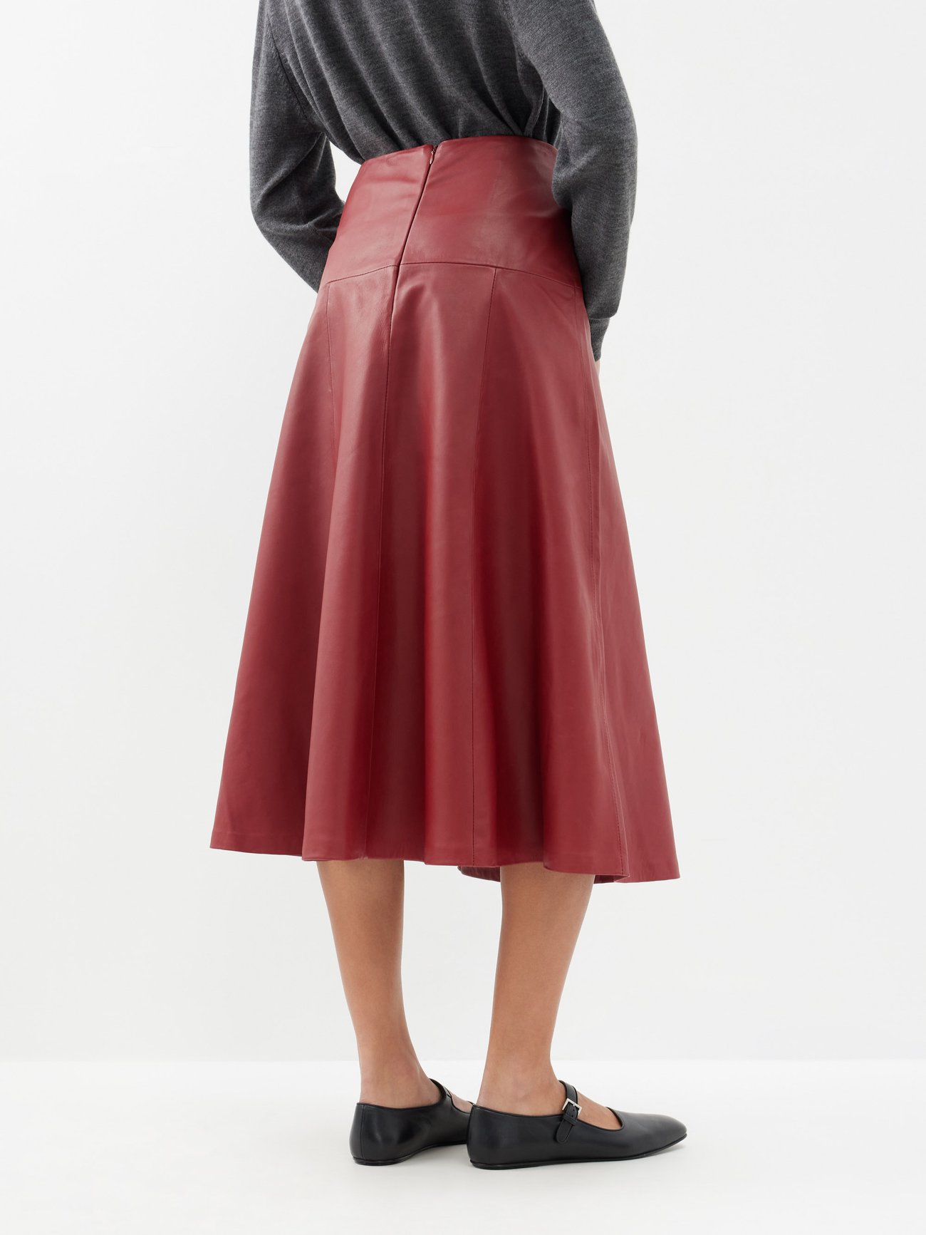 Tiana Leather Panelled Midi Skirt in Oxblood