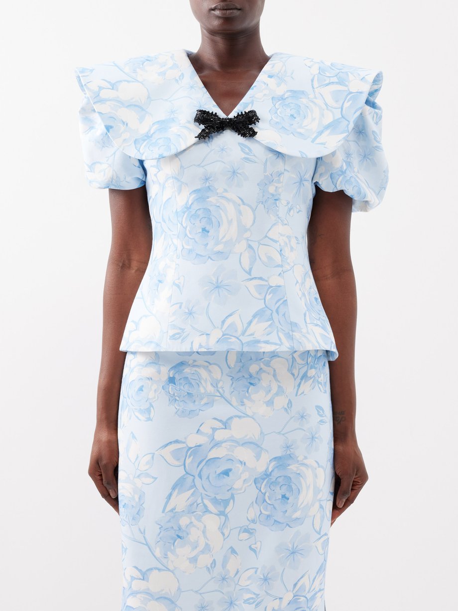 Blue Oversized-collar floral-print satin top | SHUSHU/TONG | MATCHES UK