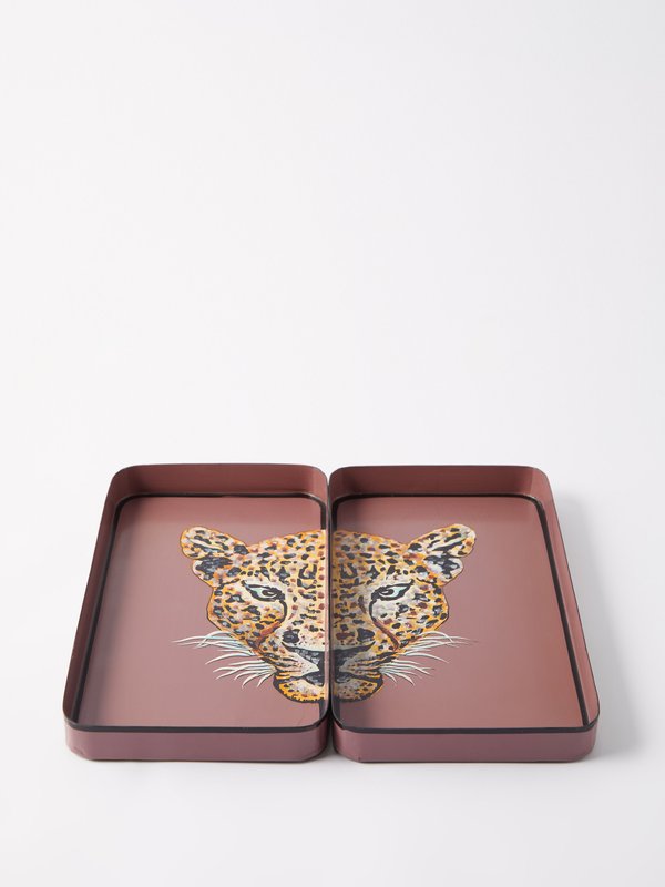 Les Ottomans Set of two Leopard hand-painted metal trays