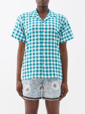 HARAGO Harago Circle-appliqué checked cotton short-sleeved shirt