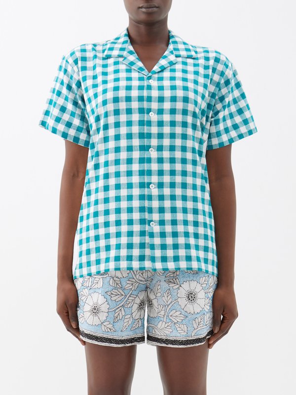 HARAGO (Harago) Circle-appliqué checked cotton short-sleeved shirt
