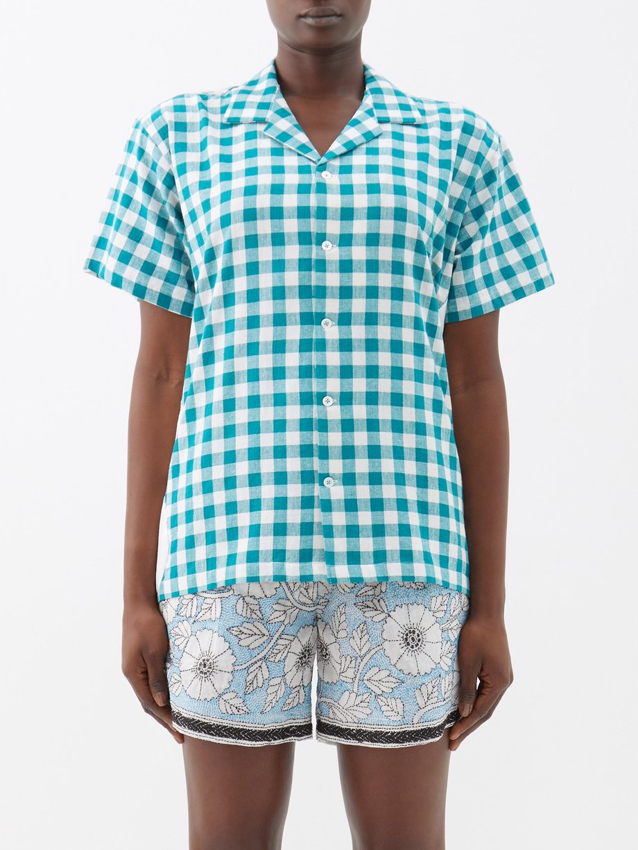 HARAGO (Harago) Circle-appliqué checked cotton short-sleeved shirt