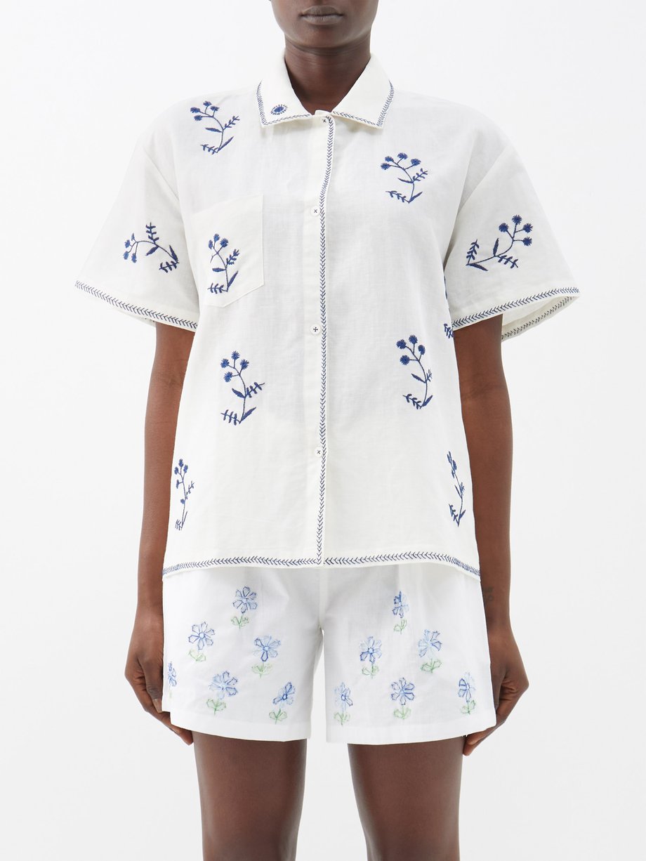 White Floral-embroidered linen shirt | Harago | MATCHES US