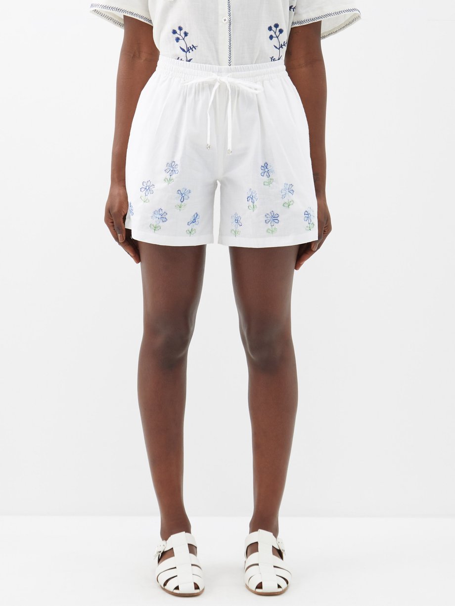 HARAGO (Harago) Floral-embroidered cotton shorts