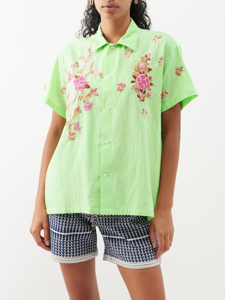Green Short-sleeved floral-embroidered cotton shirt | Harago ...