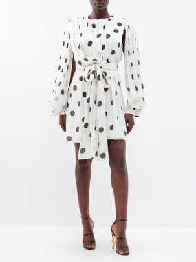 Halpern Polka-dot open-sleeve plissé mini dress
