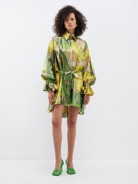 Halpern Floral-print silk-blend lamé shirt dress
