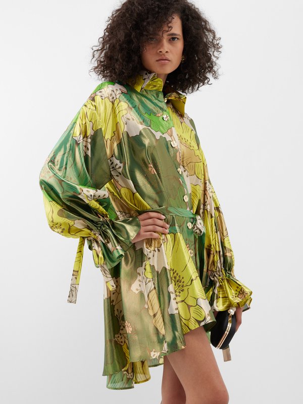 Halpern Floral-print silk-blend lamé shirt dress