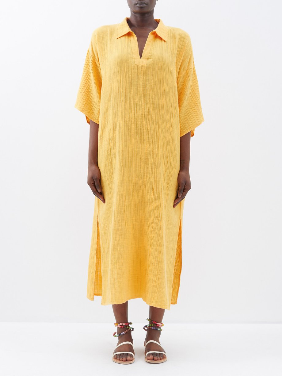 Yellow Tule point-collar cotton kaftan | Anaak | MATCHES UK