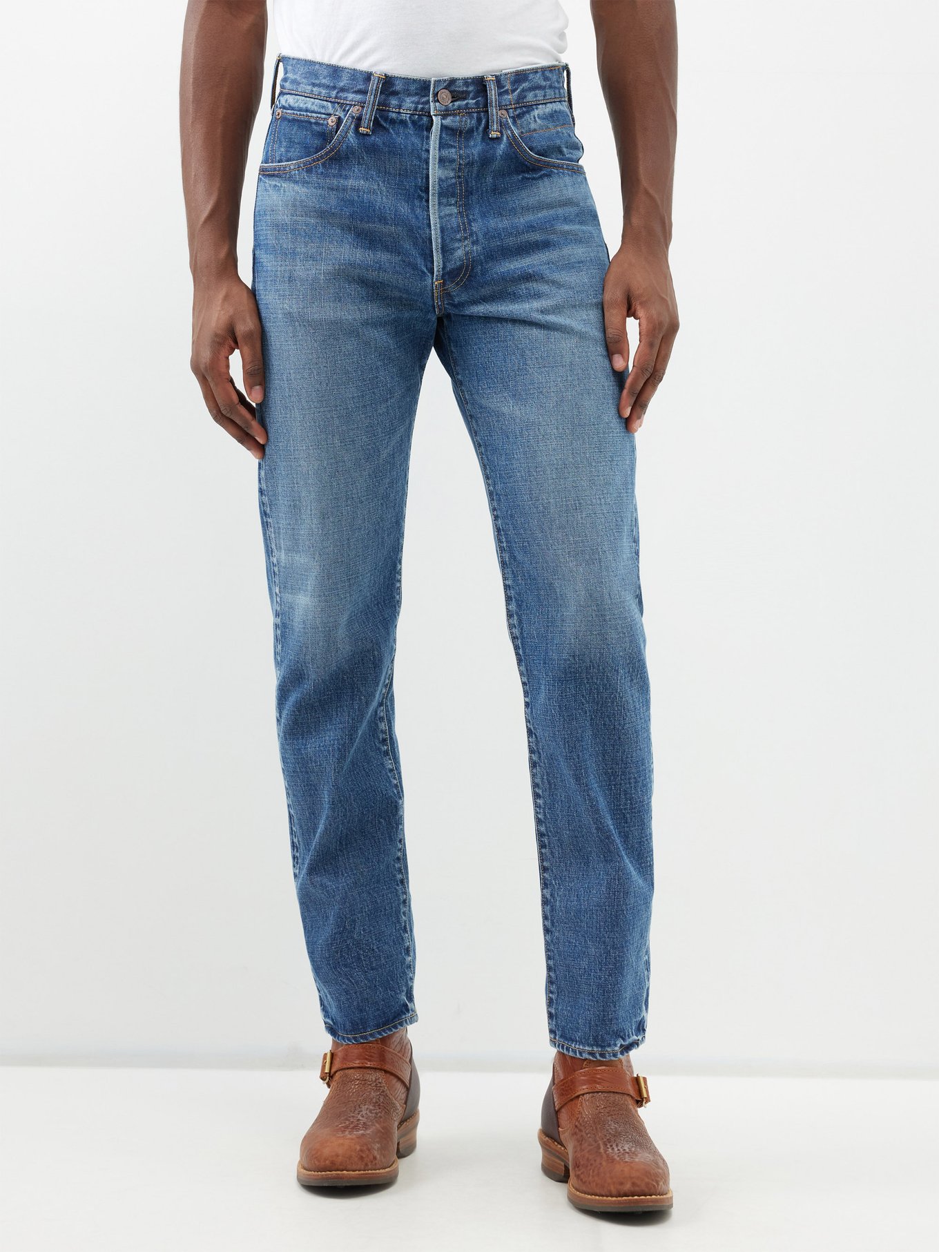 Blue Social Sculpture 01 washed tapered-leg jeans | Visvim