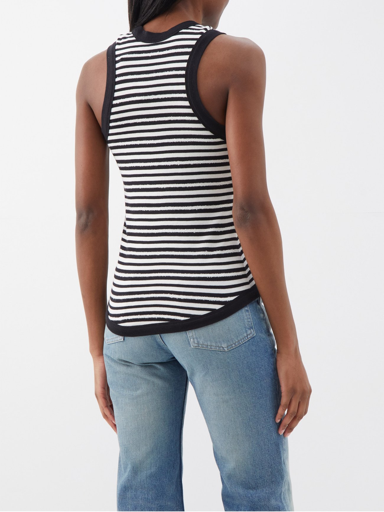 Black Logo-embroidered striped cotton-blend tank top