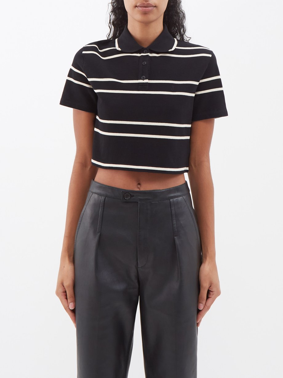 Black Cropped striped cotton-piqué polo shirt | Saint Laurent
