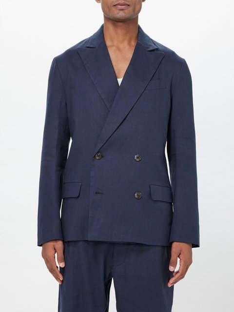 Navy Double-breasted linen-blend suit jacket | Commas | MATCHES UK