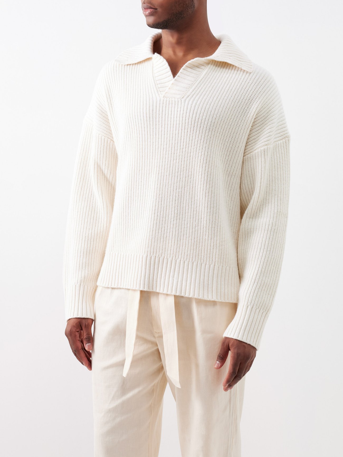 Ribbed long-sleeve polo sweater