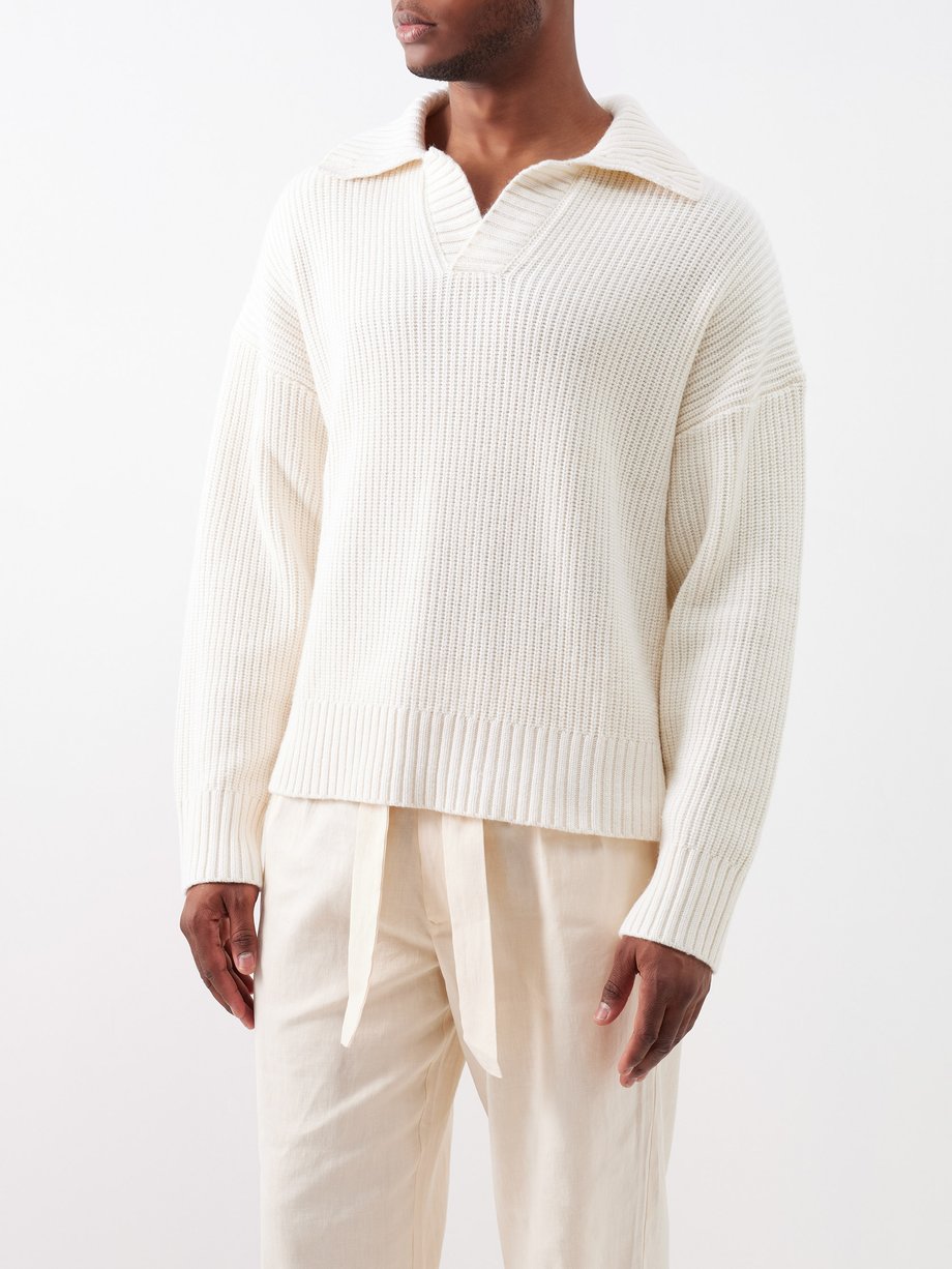 White Ribbed long-sleeve polo sweater | Commas | MATCHES UK