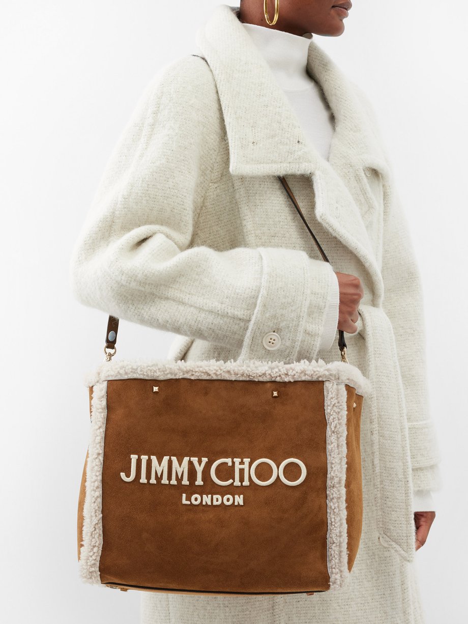 Tan Varenne shearling-trim suede tote bag | Jimmy Choo | MATCHES UK