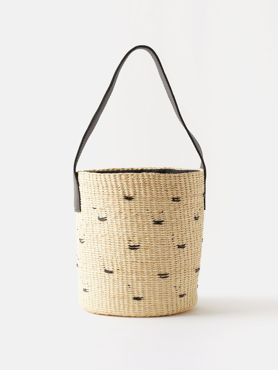 Leather-handle small straw bucket bag video