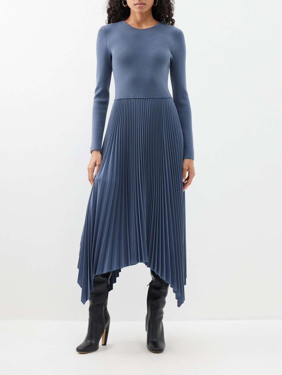 Blue Deron asymmetric ribbed-knit pleated midi dress | Joseph | MATCHES US