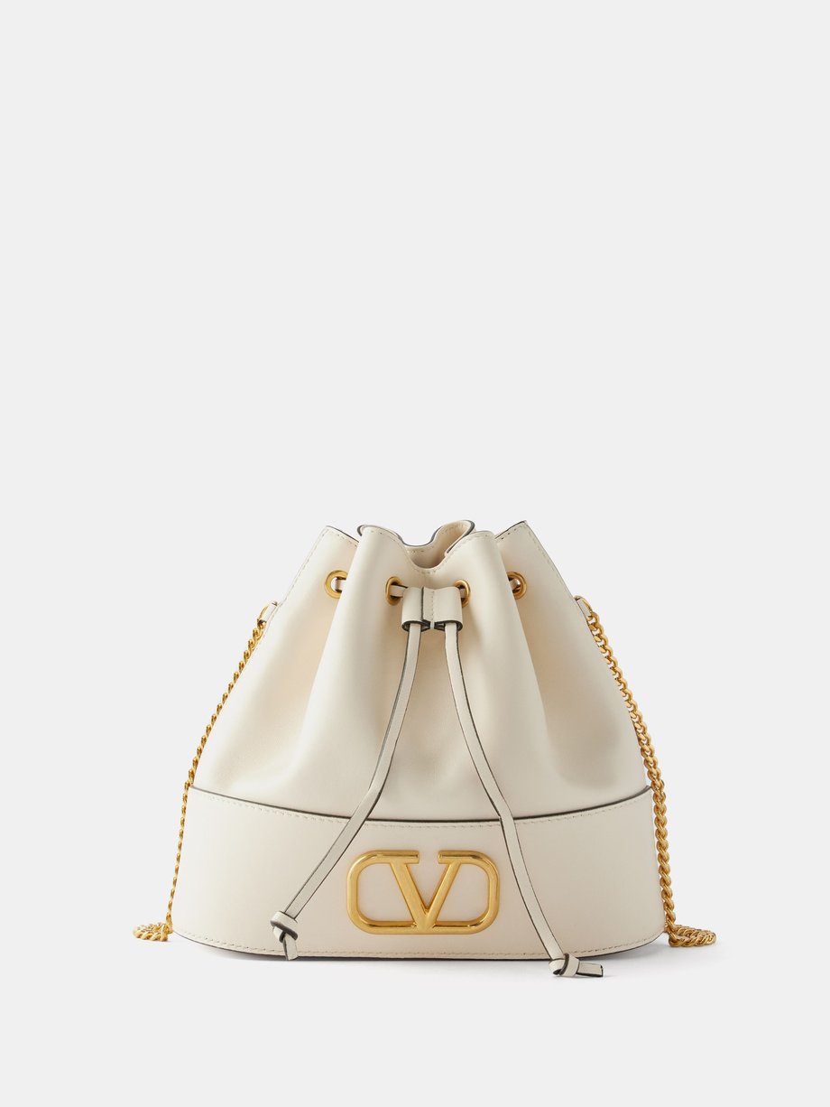 White V-Logo leather bucket bag