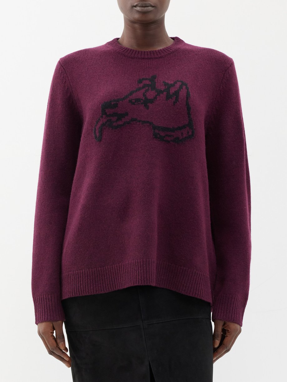 Bella Freud Burgundy Big Dog intarsia merino wool sweater