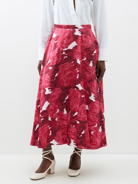 Valentino Garavani Blurred rose-print duchesse-satin midi skirt