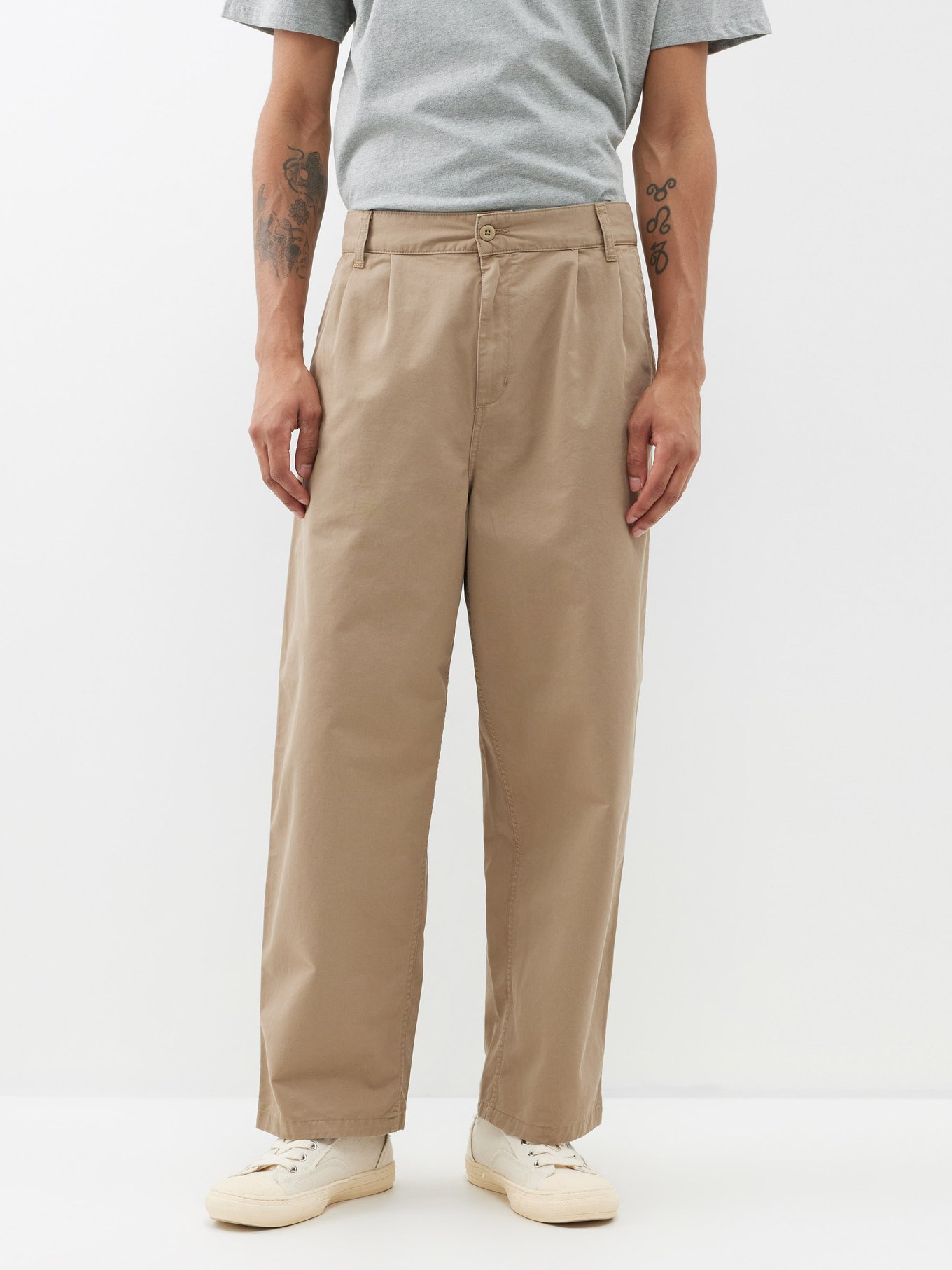 Brown Colston pleated stone-washed cotton-twill trousers, Carhartt WIP