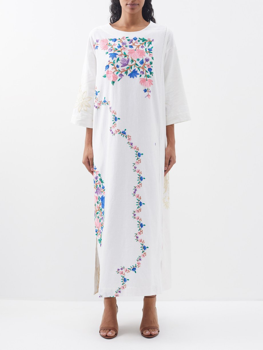 White Floral-embroidered vintage-linen dress | By Walid | MATCHES UK
