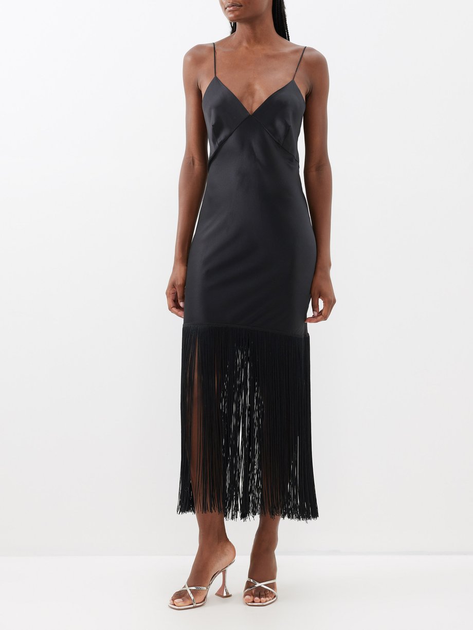 Black Zoya fringed silk slip dress | Olivia von Halle | MATCHES UK