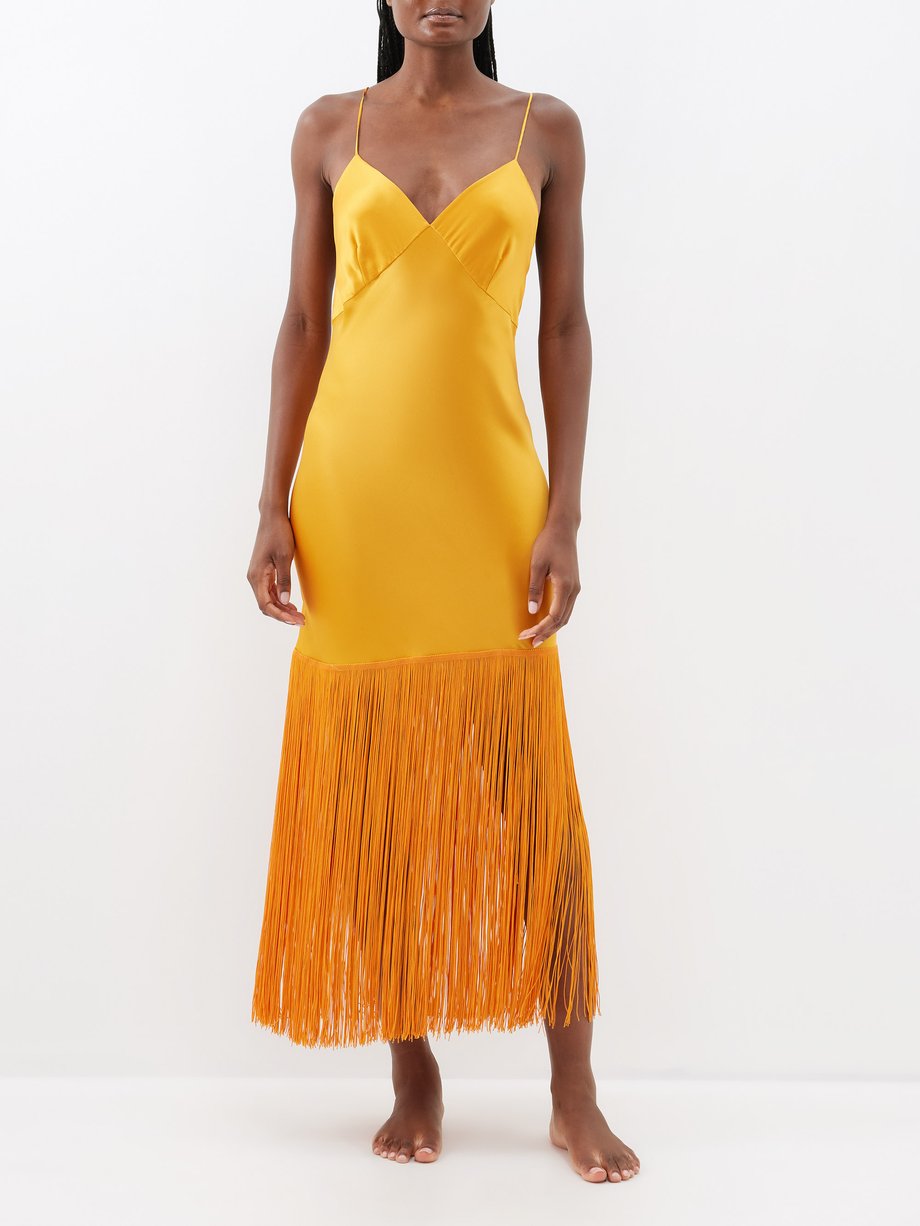 Orange Zoya fringe-hem silk-satin dress | Olivia von Halle | MATCHES UK