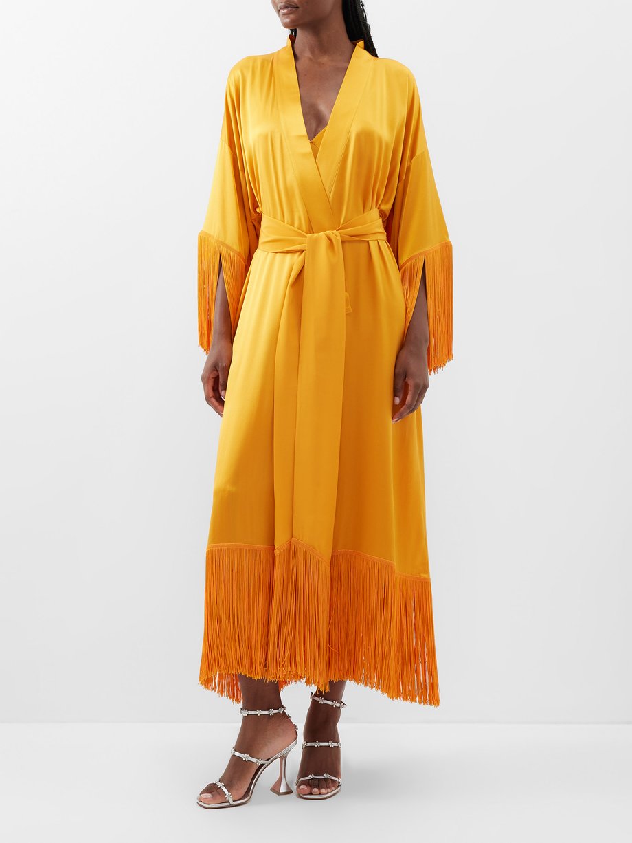 Orange Amina fringe-trim silk-satin robe | Olivia Von Halle ...