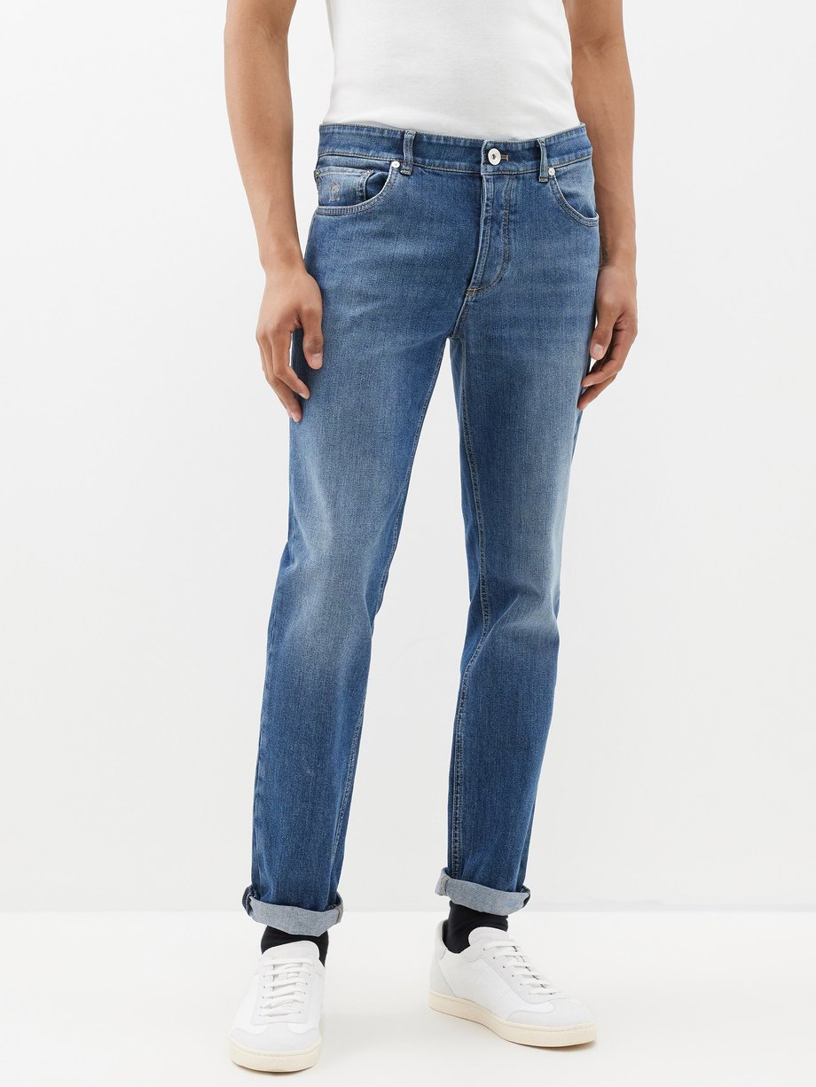 Blue Crest-embroidered tapered-leg jeans | Brunello Cucinelli