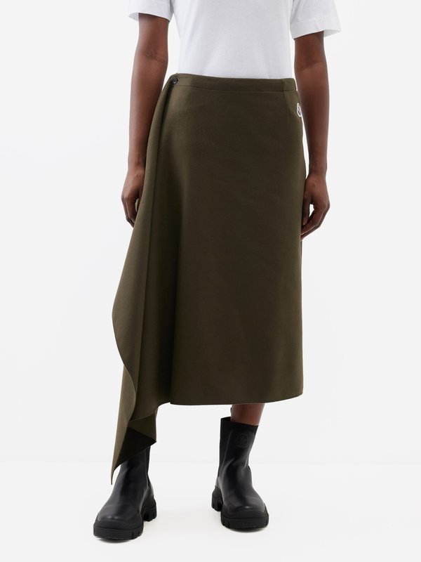 Green Asymmetric wool-blend midi skirt | Moncler | MATCHES UK